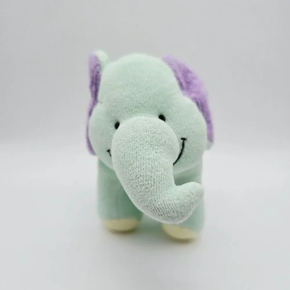 Oshkosh Vtg Green Elephant Baby Plush Toy Rattle Purple Crinkle Ears